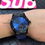 Perfect Replica Hublot Classic Fusion Black Steel Bezel Dark Blue Tourbillon Face 43mm Watch